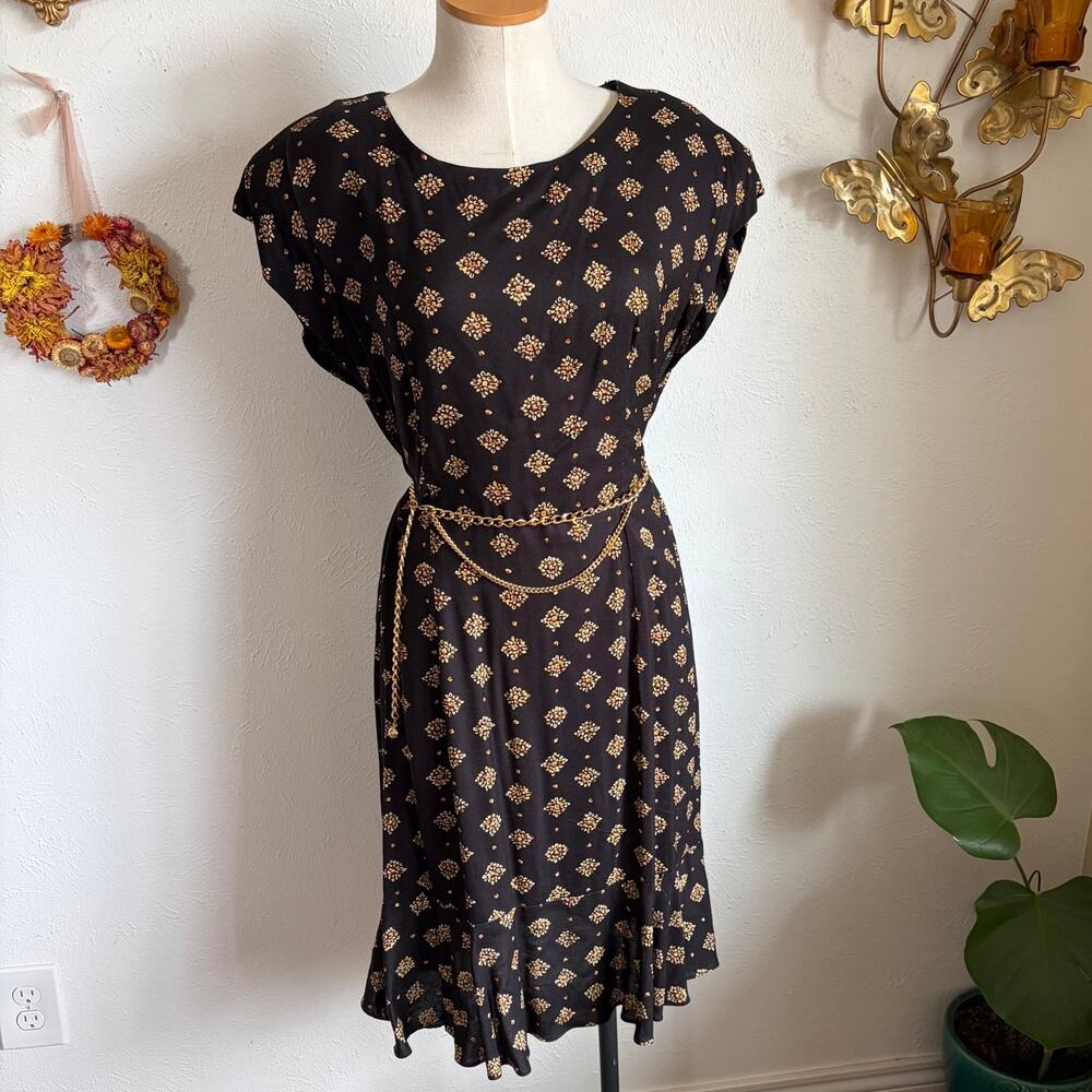 Vintage Patterned Dress size medium black brown